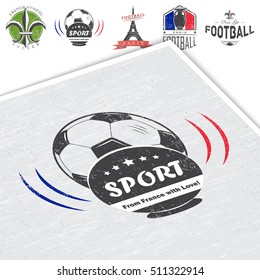 Football Championship. Soccer time. Detailed elements. Old retro vintage grunge. Scratched, damaged, dirty effect. Typographic labels stickers logos and badges. Mockup style