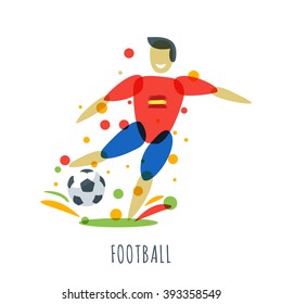 Football championship. Spanish player with ball. Vector isolated sports man with soccer ball. Print design elements. Abstract flat illustration. 