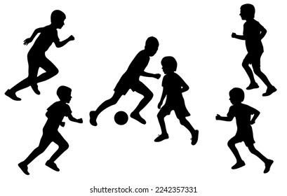 Football children game, silhouette of player boys kicking ball. Vector illustration