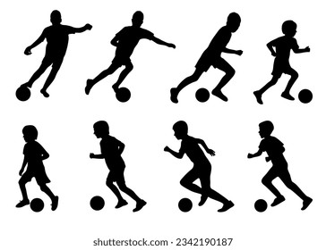 Football children game, silhouette of player boys kicking ball. Vector illustration