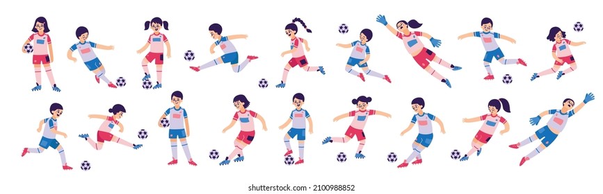 Equipo de niños de fútbol con personajes planos de niños y niñas en diferentes poses con bola durante el juego ilustración vectorial aislada