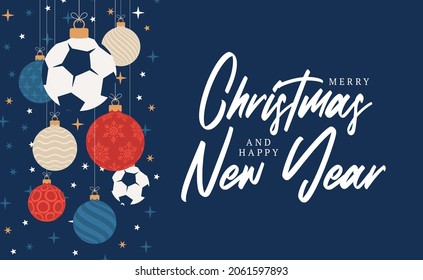 football christmas greeting card. Merry Christmas and Happy New Year flat cartoon Sports banner. soccer ball as a xmas ball on background. Vector illustration.