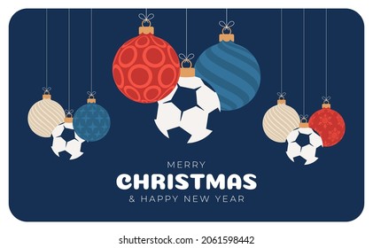 football christmas greeting card. Merry Christmas and Happy New Year flat cartoon Sports banner. soccer ball as a xmas ball on background. Vector illustration.