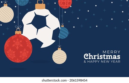 football christmas greeting card. Merry Christmas and Happy New Year flat cartoon Sports banner. soccer ball as a xmas ball on background. Vector illustration.