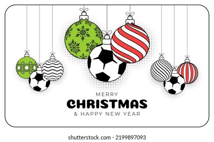 football christmas greeting card in trendy line style. Merry Christmas and Happy New Year outline cartoon Sports banner. soccer ball as a xmas ball on white background. Vector illustration..