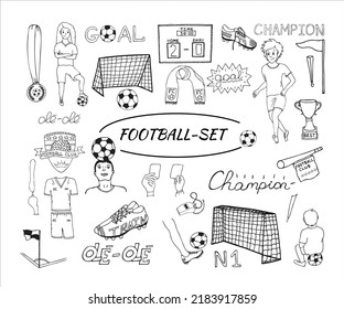 Football clipart set. Doodle collection with quotes, characters, football equipment. Hand drawn soccer icons.