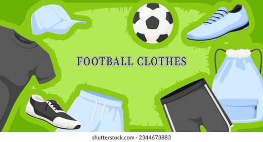 Football clothes, set of sportswear, jersey, shirt, soccer, uniform, ball, design, bag, boots, cap, shorts. Blue and black collection. Vector illustration.