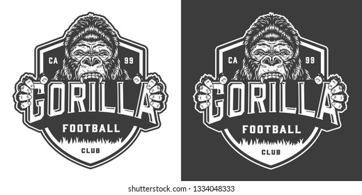 Football club angry gorilla mascot label in vintage monochrome style isolated vector illustration
