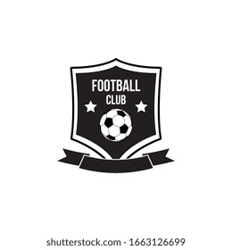 Football club black and white badge or emblem with ribbon and soccer ball icons on square shield frame, vector illustration isolated on white background. Sport club logo.