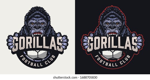 Football club colorful vintage logotype with soccer ball and ferocious gorilla mascot holding team name inscription isolated vector illustration