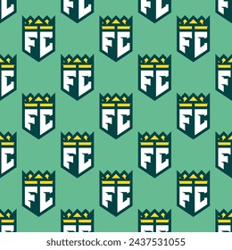 Football club crest shield logo with yellow crown and white letter on green background. Vector square seamless soccer texture.