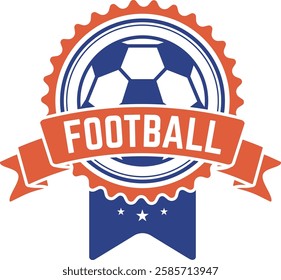 Football club emblem with a ball and a ribbon, celebrating a victory in a championship or competition, ideal for sport events or team logos