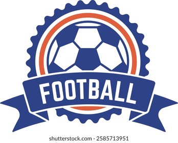 Football club emblem featuring ball and ribbon banner, ideal for sports branding, competition or championship, promoting team spirit and athletic achievement