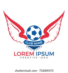 Football club emblem or soccer sport team logo design. Winged soccer ball icon.
