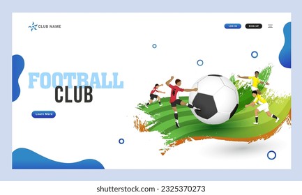 Football Club Landing Page or Hero Banner Design, Illustration of Soccer Players Kicking the Ball on Playground in Brush Stroke.