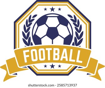 Football club logo with ball, laurel wreath and golden ribbon with stars, ideal for sport leagues, championships, competitions and tournaments