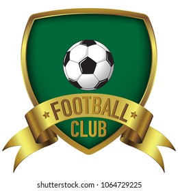 Football Club logo design in green background with gold frame and ribbon