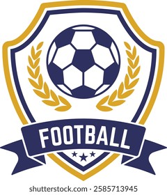 Football club logo featuring a ball and a stylized laurel wreath inside a shield with a ribbon and three stars, ideal for sport identities or championship emblems