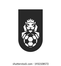 Football Club Logo Mockup, Black And White Sports Emblem T-shirt Print Negative Space, Lion Head With Mane, Grin, Fangs And Crown Holding A Soccer Ball In Its Paws.