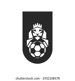 Football club logo sample, sports emblem print on a t-shirt, a lion head with a mane and a crown holds a soccer ball in its paws.