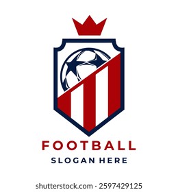 Football club or team logo design vector template. Football with crown and shield logo design