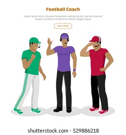 Football coaches web banner. Cartoon soccer referees in uniform and hat speaking into lip-ribbon microphone. Main referee. Judging competition. Football match. Flat referee icon. Football logo. Vector