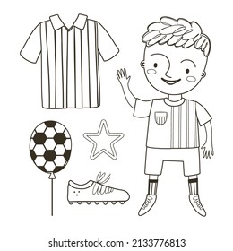 Football coloring page with cute boy. Outline vector soccer illustration. Black and white illustration for a coloring  book.