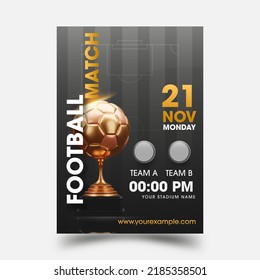 Football Competition Flyer or Poster Template with Realistic Golden Football Cup, and Match Day Details.