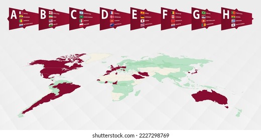 Football competition participants highlighted on the world map. All group of tournament. Vector illustration.