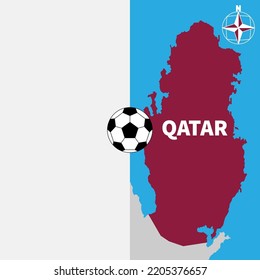 Football competition poster with Qatar outline and soccer ball. Orientation icon on sea background. Banner divided into two parts. International championship. Copyspace on left. Football tournament.