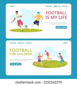 Football competition, soccer sport, web page design set, vector illustration. Team player people character play game, activity with ball