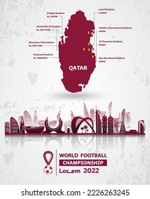 Football competition symbol. Burgundy color. qatar silhoulette and the flag of Qatar. Sports background for event, tournament, invitation, cup or championship