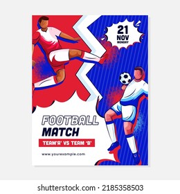 Football Competition Template with Opposite Team Players Character Vectors, and Match Day Details. Halftone effect, Blue and Red Background.