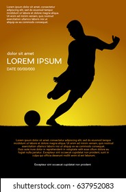 Football competition tournament, sunset background. Vector poster with man playing game and ball 