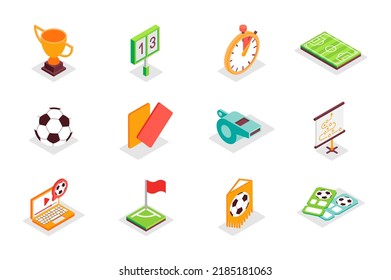 Football concept 3d isometric icons set. Bundle elements of victory cup, score, time, ball, red or orange cards, whistle, field, championship and other. Vector illustration in modern isometry design