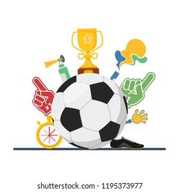 Football concept attributes of fans A set of tools for football fans Accessories for football and soccer fans vector illustration.