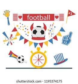 Football concept attributes of fans A set of tools for football fans Accessories for football and soccer fans vector illustration.