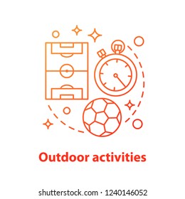 Football concept icon. Team sport. Outdoor activities idea thin line illustration. Football ball, field, stopwatch. Vector isolated outline drawing