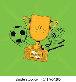 Football concept illustration. Winner cup with soccer ball, boots and goalkeeper glove. Vector illustration