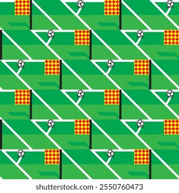 Football corners with yellow-red checkered flag and soccer ball on striped green lawn vector square seamless pattern or texture.