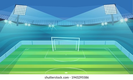 Football Court Landing Page In Flat Cartoon Style. Modern Indoor Soccer Stadium, Play Ground With Green Field, Gate And Tribune. Sports Arena With Spotlights. Vector Illustration Of Web Background