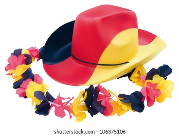 Football Cowboy Hat (German) with flower necklace over white background