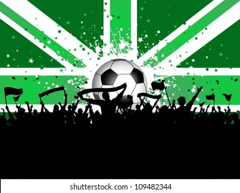 Football crowd with banners and flags on a Union Jack background