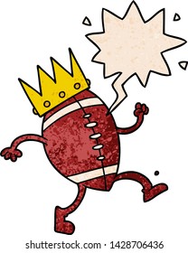 football with crown cartoon with speech bubble in retro texture style