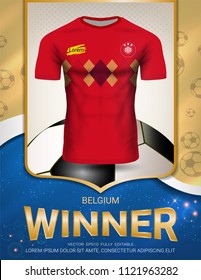 Football cup 2018, Belgium winner concept, First place in competition of World championship, Sport poster template with Soccer jersey team design gold and blue trend background (Vector EPS10)