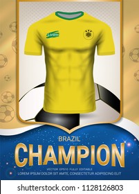 Football Cup 2018, Brazil Champions are the Winners of World Championship, First Place in Competition, Sport Poster Template with Soccer Jersey Team Design Gold and Blue Trend Background.