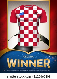 Football cup 2018, Croatia winner concept, First place in competition of World championship, Sport poster template with Soccer jersey team design gold and blue trend background (Vector EPS10)