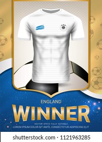 Football cup 2018, England winner concept, First place in competition of World championship, Sport poster template with Soccer jersey team design gold and blue trend background (Vector EPS10)