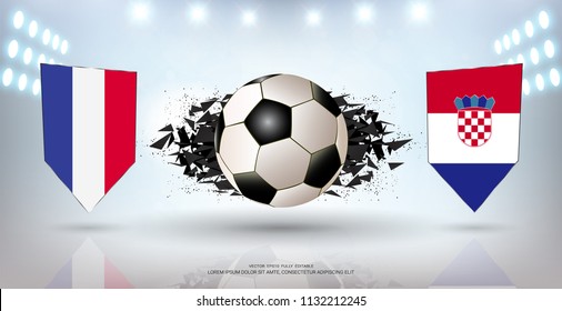 Football cup 2018, Finals Match of the Competition, Croatia VS France, National Team Soccer Flags, Abstract Background and Empty White Sport Field Illuminated by Spotlights (Vector Eps10)