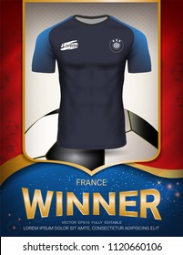 Football cup 2018, France winner concept, First place in competition of World championship, Sport poster template with Soccer jersey team design gold and blue trend background (Vector EPS10)